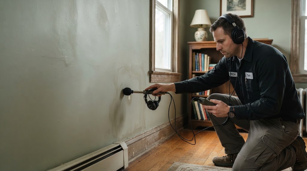 Leak detection Franklin Township NJ technician using electronic acoustic equipment to find a hidden pipe leak